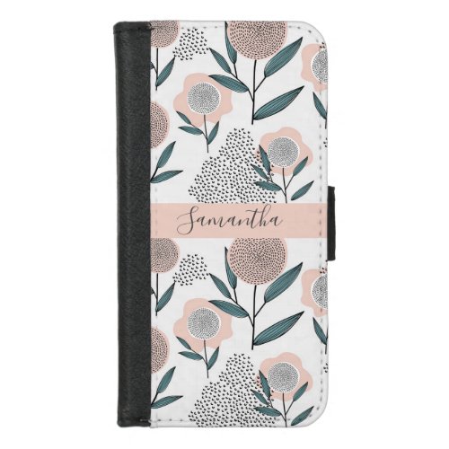 Hand Drawn Dusty Rose And Green Floral Monogram iPhone 87 Wallet Case