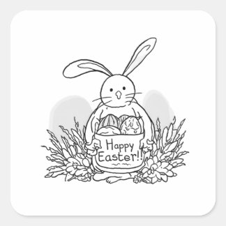 Hand Drawn Easter Bunny Coloring Style Spring Square Sticker
