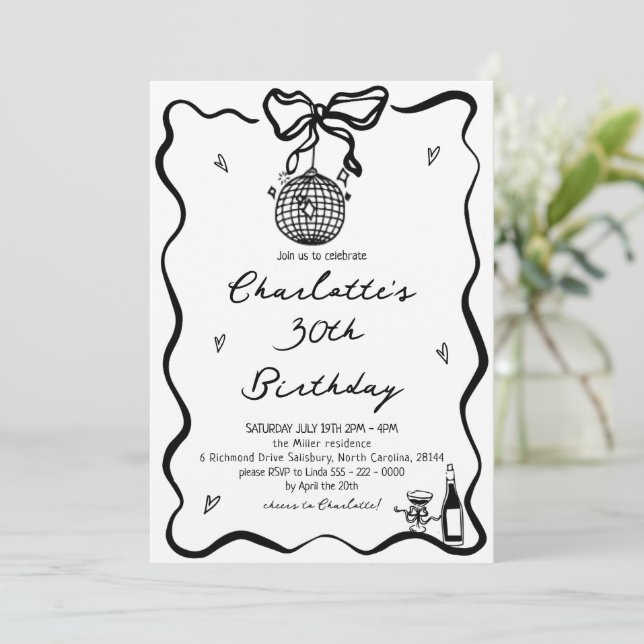 Hand Drawn Elegant disco ball 30th Birthday  Invitation (Standing Front)