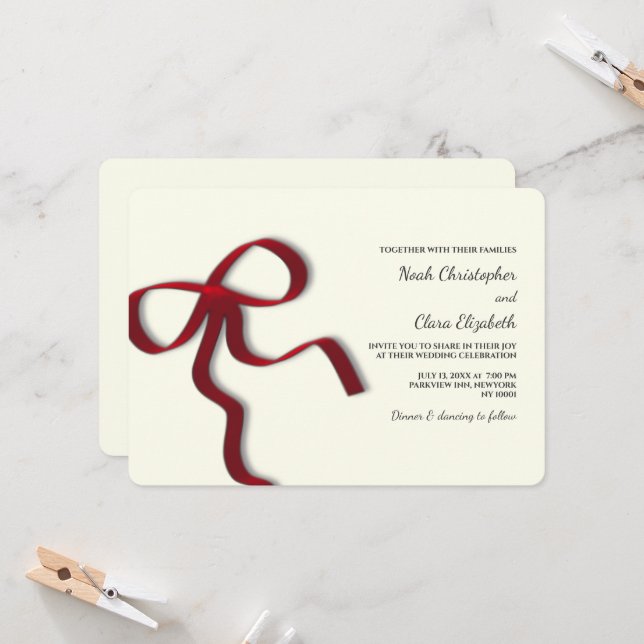 Hand drawn Elegant Red Bow - Modern Minimalist Invitation (Front/Back In Situ)