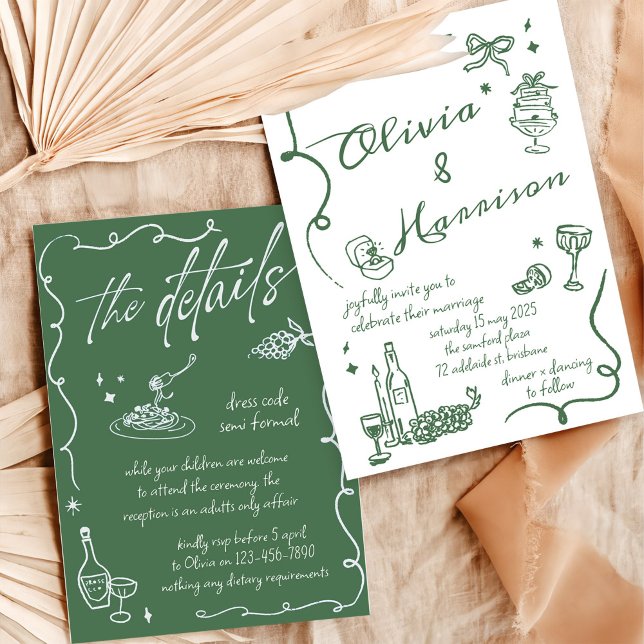 Hand Drawn Elegant Retro Green Wedding Invitation (Creator Uploaded)