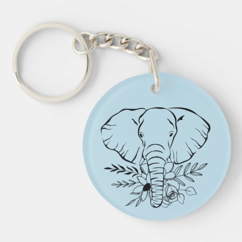 Hand_Drawn Elephant and Floral Line Art Keychain