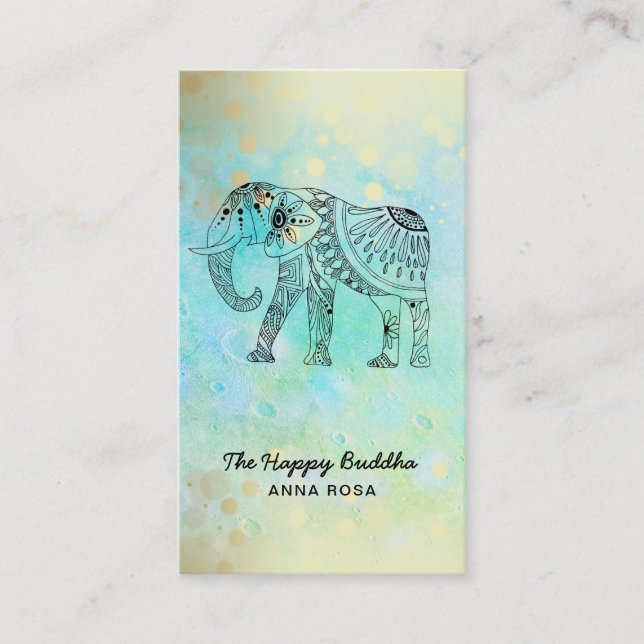 *~* Hand Drawn Elephant Gold Glitter Buddha Business Card (Front)