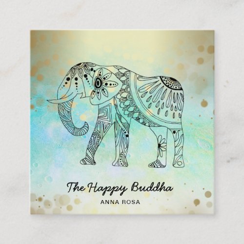  Hand Drawn Elephant Pattern Buddha Gold Square Business Card