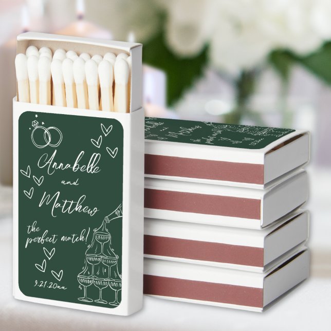 Hand Drawn Emerald Green Wedding Matchbox Matchboxes (Perfect Match Hand Drawn Emerald Wedding Matchbox)