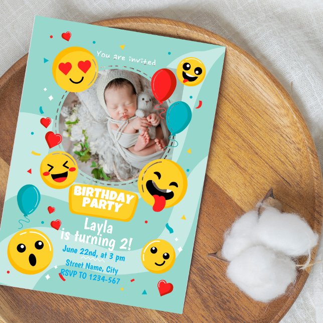 Hand-Drawn Emoji Photo Birthday Party Invitation (Hand-drawn Emoji With Photo Birthday Party Invitation)