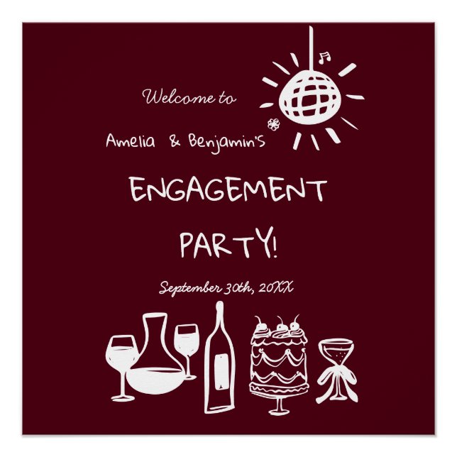 Hand Drawn Engagement Party Wedding Welcome Sign. Poster (Front)