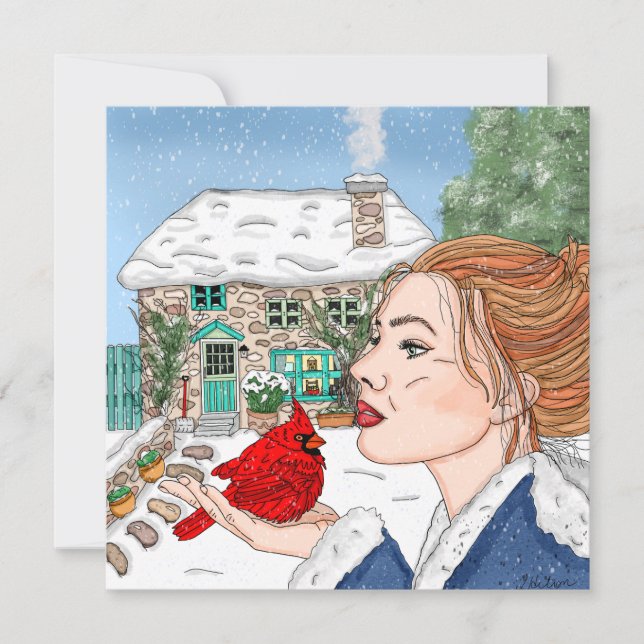 Hand Drawn English Cottage and Cardinal Holiday Card (Front)