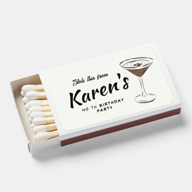 Hand Drawn Espresso Martini Birthday Favor Matchboxes (Front Open)