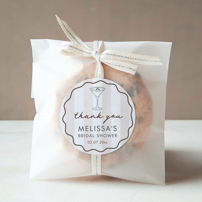 Hand-drawn Espresso Martini Bridal Shower Favor Classic Round Sticker (Modern espresso martini coffee theme bridal shower favor stickers with hand-drawn doodle elements)