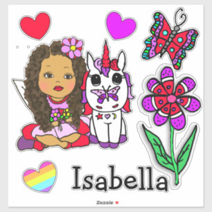 Hand Drawn Ethnic Fairy, Unicorn and Name Sticker
