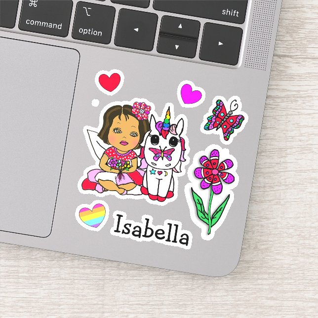 Hand Drawn Ethnic Fairy, Unicorn and Name Sticker (Detail)