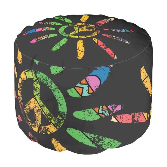 Hand Drawn Ethnic Peace Sign Hippie Bohemian  Pouf (Angled Front)