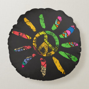 Hand Drawn Ethnic Peace Sign Hippie Bohemian Round Pillow