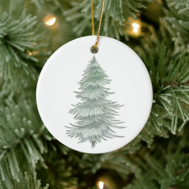 Hand Drawn Evergreen Tree Ceramic Ornament (Tree)