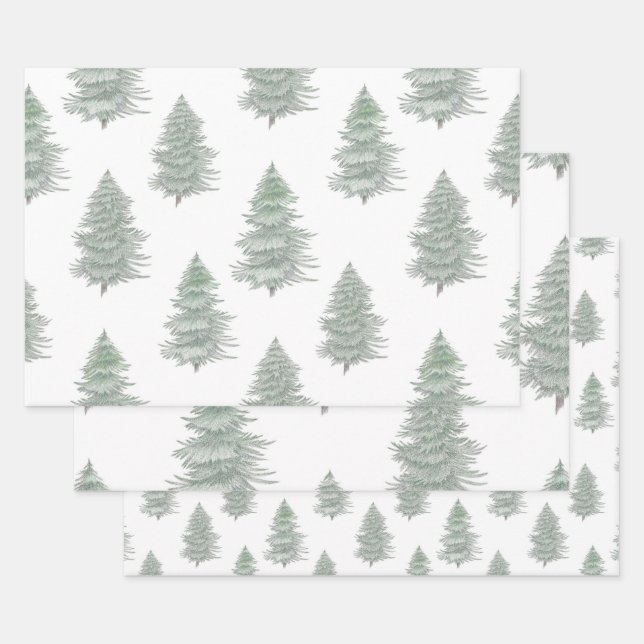 Hand Drawn Evergreen Tree Pattern Wrapping Paper Sheets (Set)