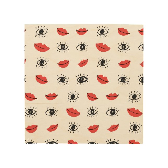 Hand drawn eyes, lips, trendy pattern. wood wall art (Front)