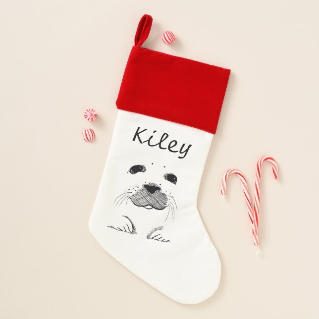 Hand Drawn Face of Harp Seal Pup Christmas Stocking (Front)