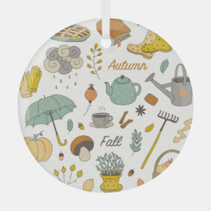 Hand Drawn Fall: Colorful Vintage Set Glass Ornament