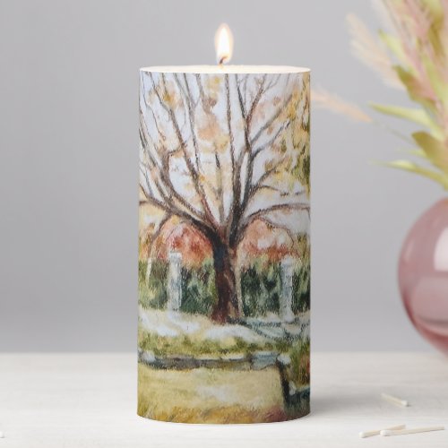 Hand drawn fall olive park nature tree grass pillar candle