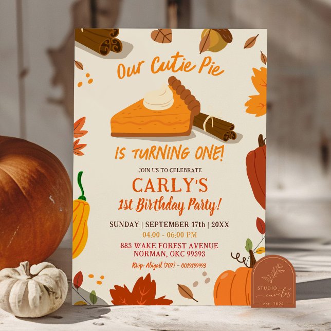 Hand Drawn Fall Pumpkin Pie First Birthday Invitation (Creator Uploaded)