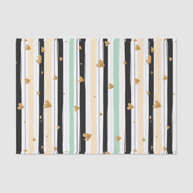 Hand drawn Faux Gold Hearts & Stripes Pattern Tissue Paper (Front)