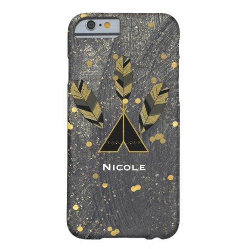 Hand Drawn Feather  Tepee Gold Black Boho Glam Barely There iPhone 6 Case