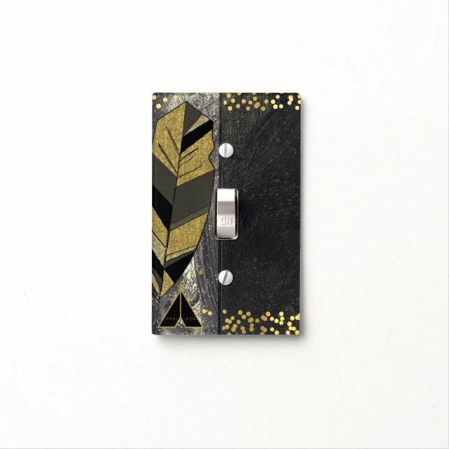 Hand Drawn Feather & Tepee Gold Black Boho Glam Light Switch Cover (In Situ)