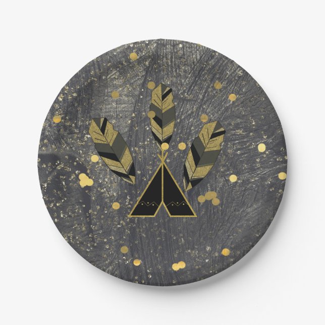 Hand Drawn Feather & Tepee Gold Black Boho Glam Paper Plates (Front)