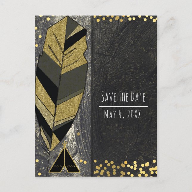 Hand Drawn Feather & Tepee Gold Black Save Date Announcement Postcard (Front)