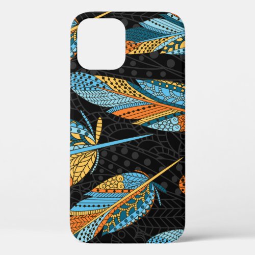 Hand_drawn feathers colorful background iPhone 12 case