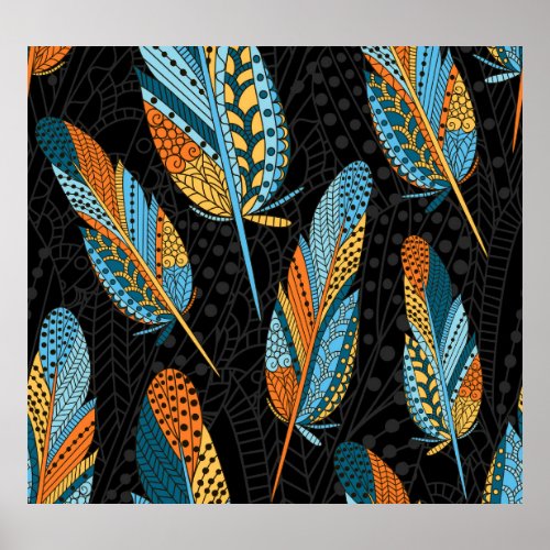 Hand_drawn feathers colorful background poster