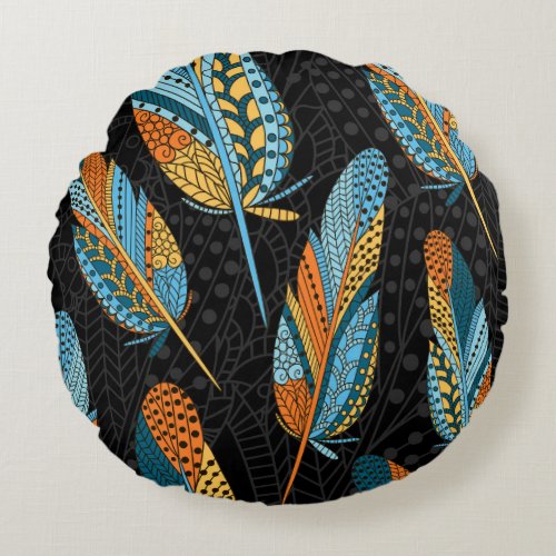Hand_drawn feathers colorful background round pillow