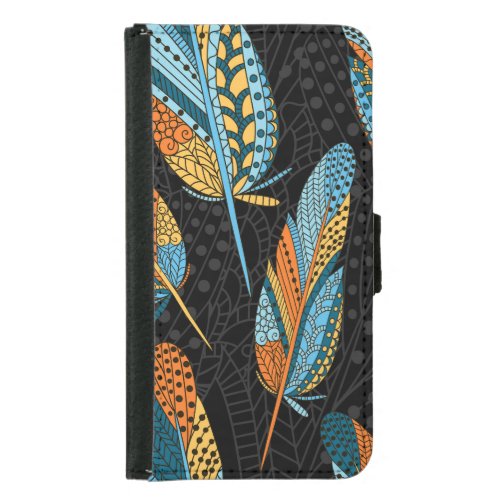 Hand_drawn feathers colorful background samsung galaxy s5 wallet case