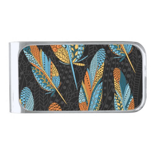 Hand_drawn feathers colorful background silver finish money clip