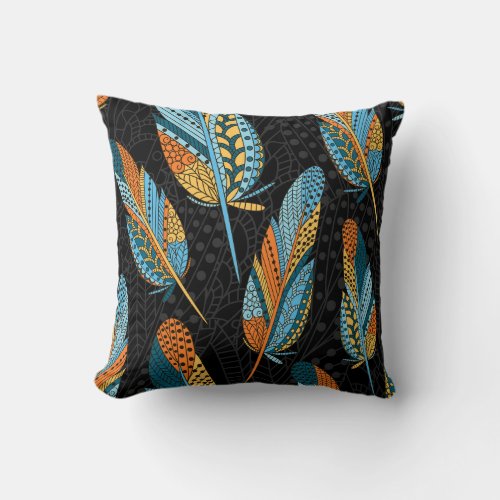 Hand_drawn feathers colorful background throw pillow