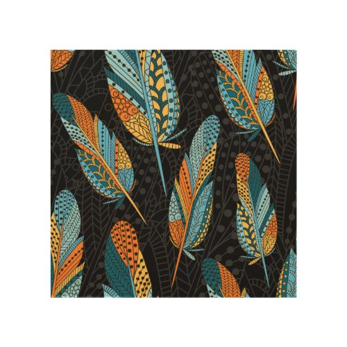 Hand_drawn feathers colorful background wood wall art