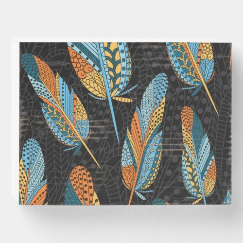 Hand_drawn feathers colorful background wooden box sign