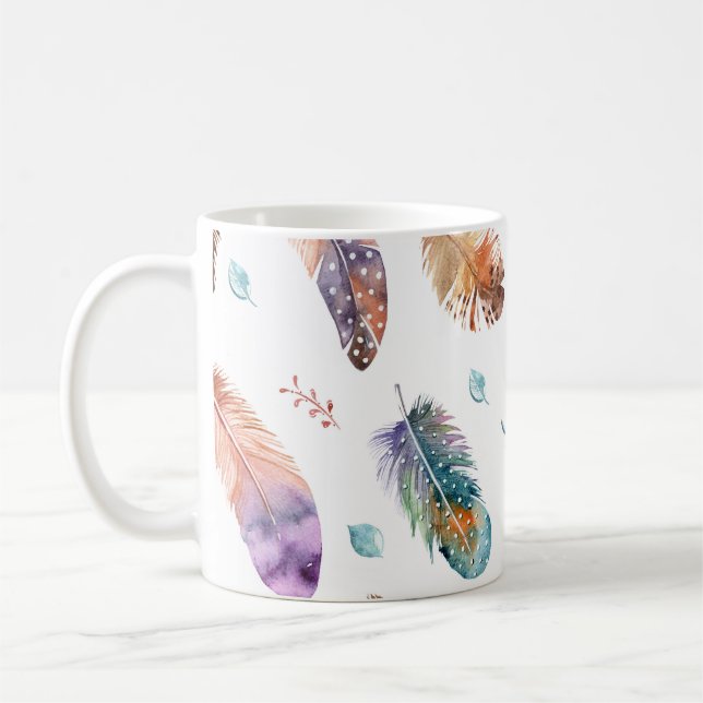 Hand Drawn Feathers: White Background Pattern Coffee Mug (Left)