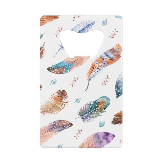 Hand Drawn Feathers: White Background Pattern Credit Card Bottle Opener (Front)
