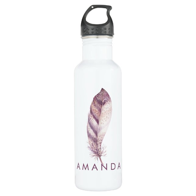 Hand drawn feminine pink purple watercolor feather water bottle (Front)