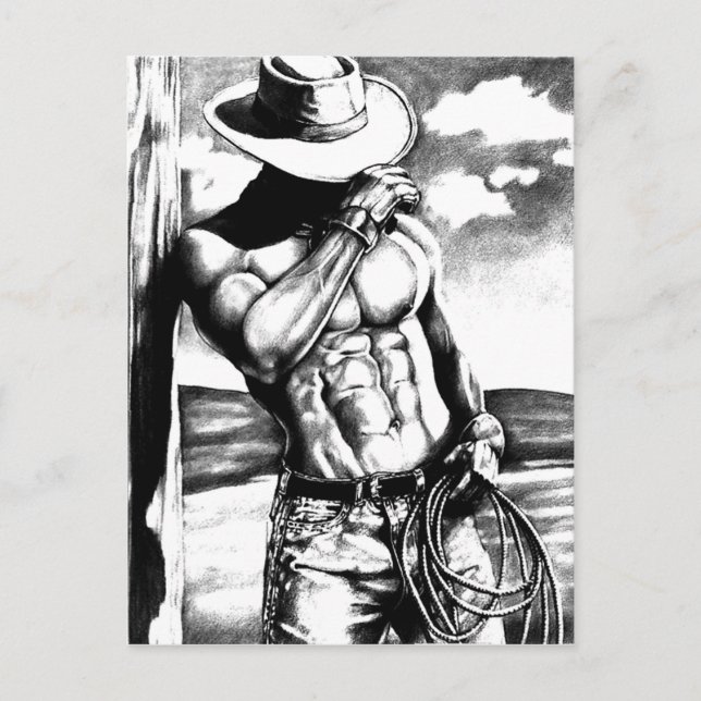 Hand-drawn Fine Art Masculine Western Cowboy Postcard (Front)