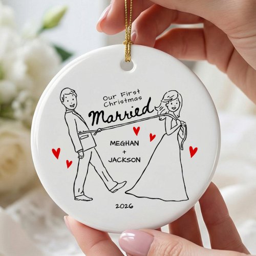 Hand Drawn First Christmas Married Ornament