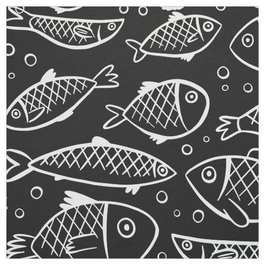 Hand Drawn Fish and Bubbles Black and White ID489 Fabric