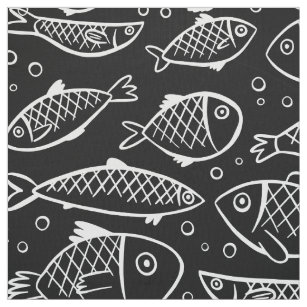 Mid-Century Fish Art Black White Green Fabric