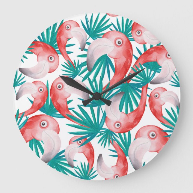 Hand-drawn flamingo: watercolor seamless pattern. large clock (Front)