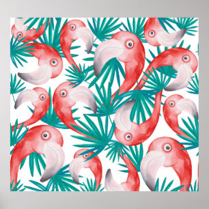 Hand-drawn flamingo: watercolor seamless pattern. poster
