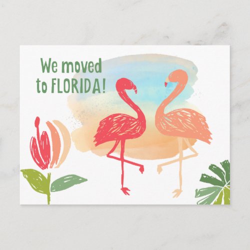 Hand Drawn Flamingos We Moved to Florida Announcement Postcard