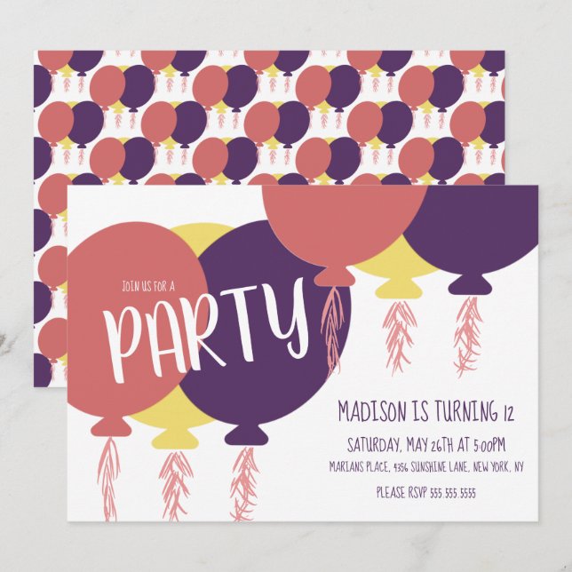 Hand Drawn Floating Balloon Birthday Party  Invita Invitation (Front/Back)