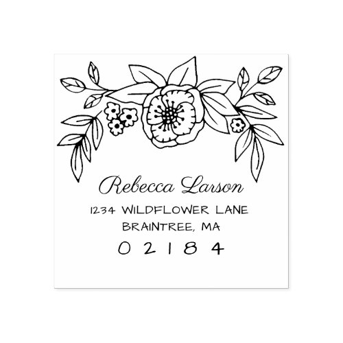 Hand Drawn Floral Arrangement Return Address Rubber Stamp